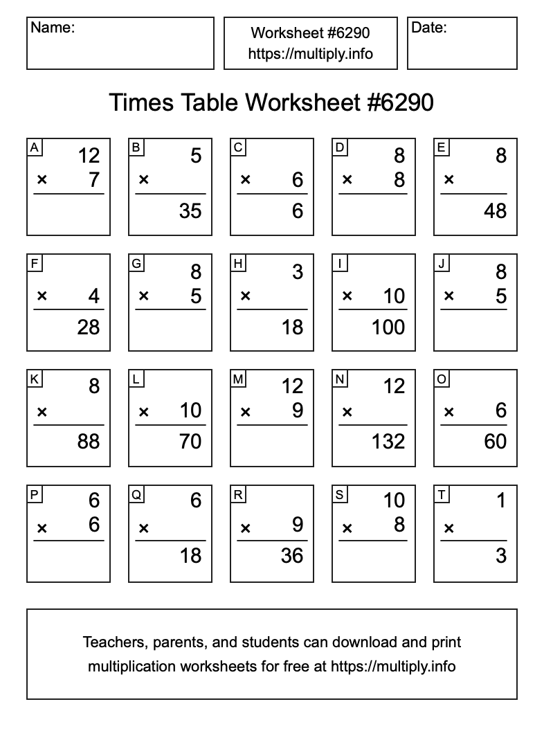 Times Table Worksheet #6290