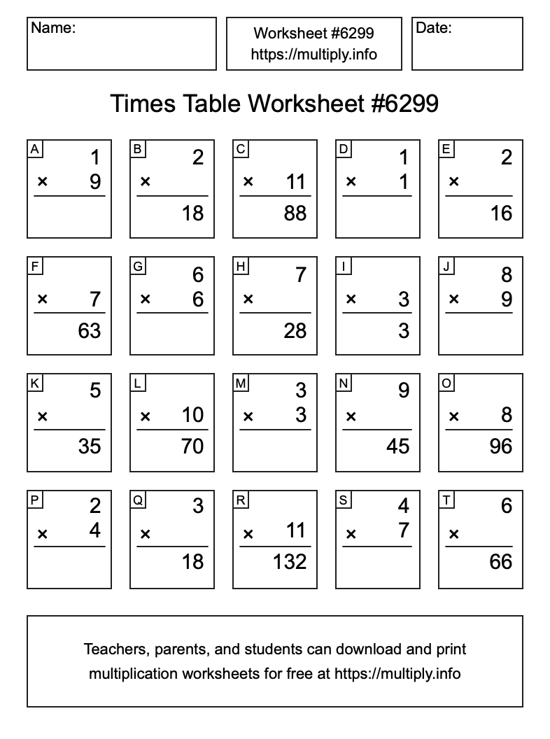 Times Table Worksheet #6299