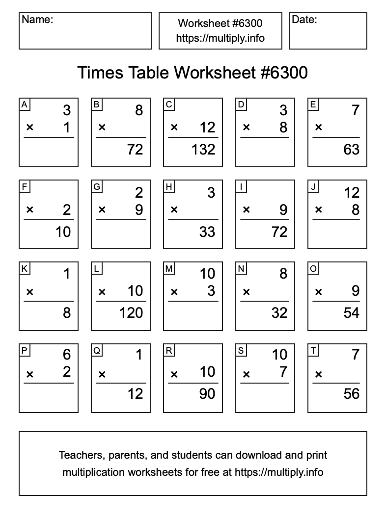 Times Table Worksheet #6300