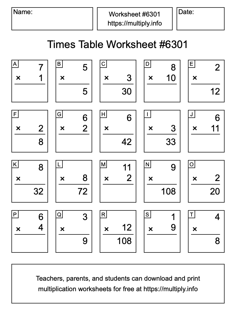 Times Table Worksheet #6301