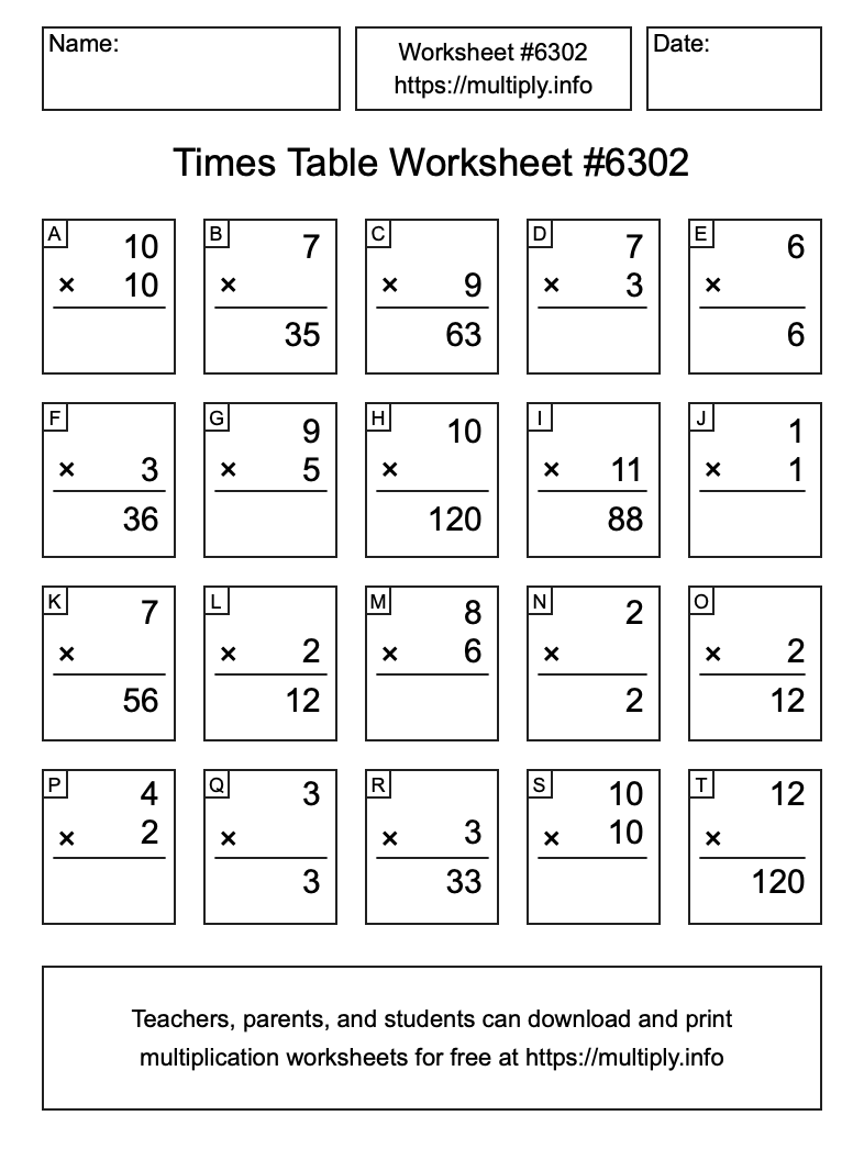 Times Table Worksheet #6302