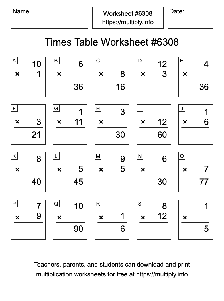Times Table Worksheet #6308