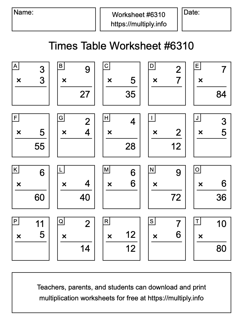 Times Table Worksheet #6310