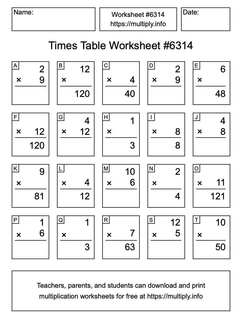 Times Table Worksheet #6314