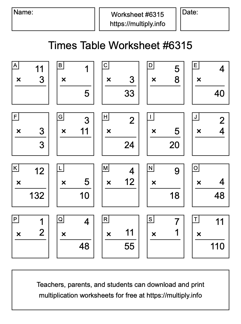 Times Table Worksheet #6315