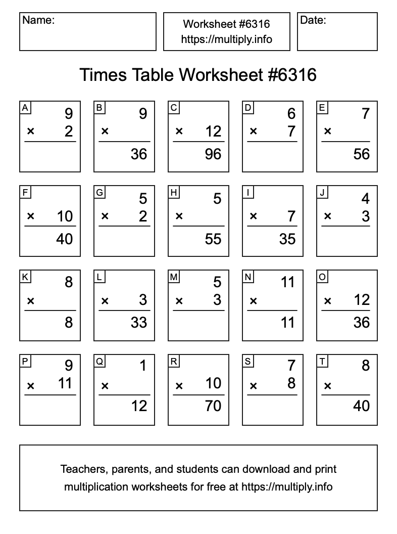 Times Table Worksheet #6316