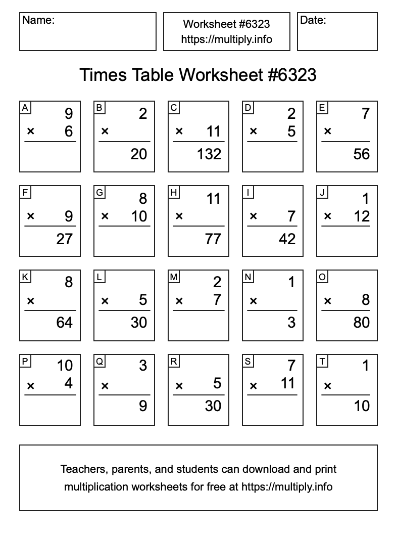 Times Table Worksheet #6323