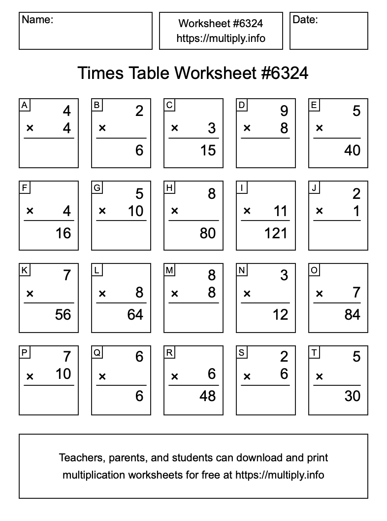 Times Table Worksheet #6324