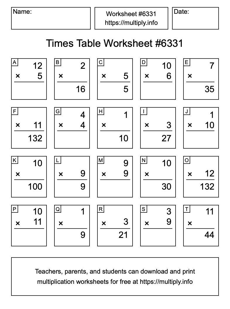 Times Table Worksheet #6331