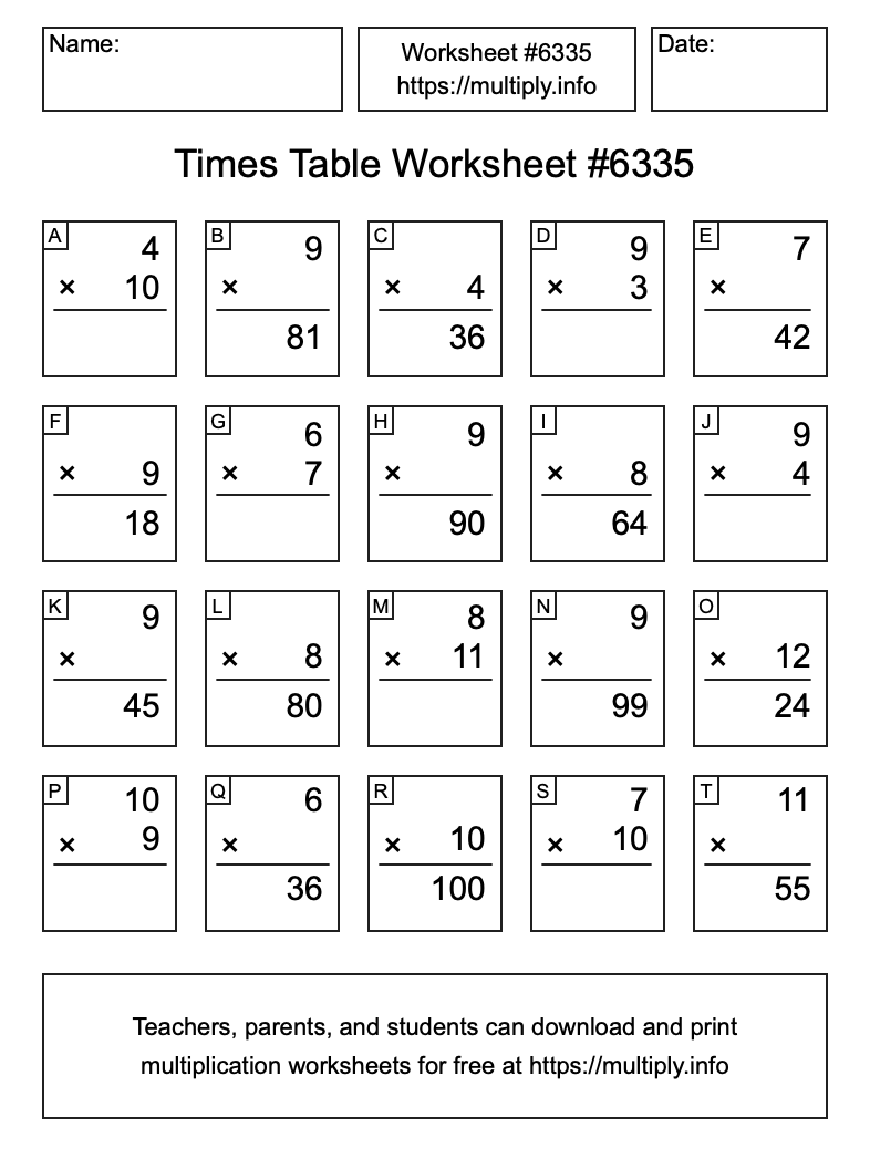 Times Table Worksheet #6335