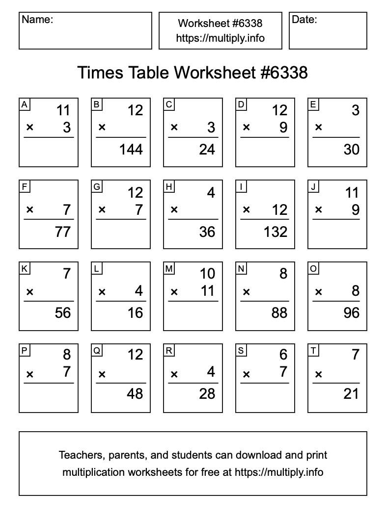 Times Table Worksheet #6338