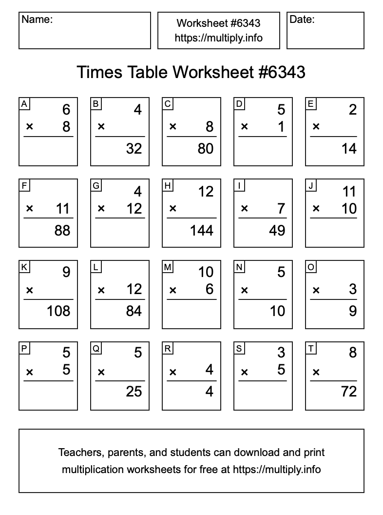 Times Table Worksheet #6343