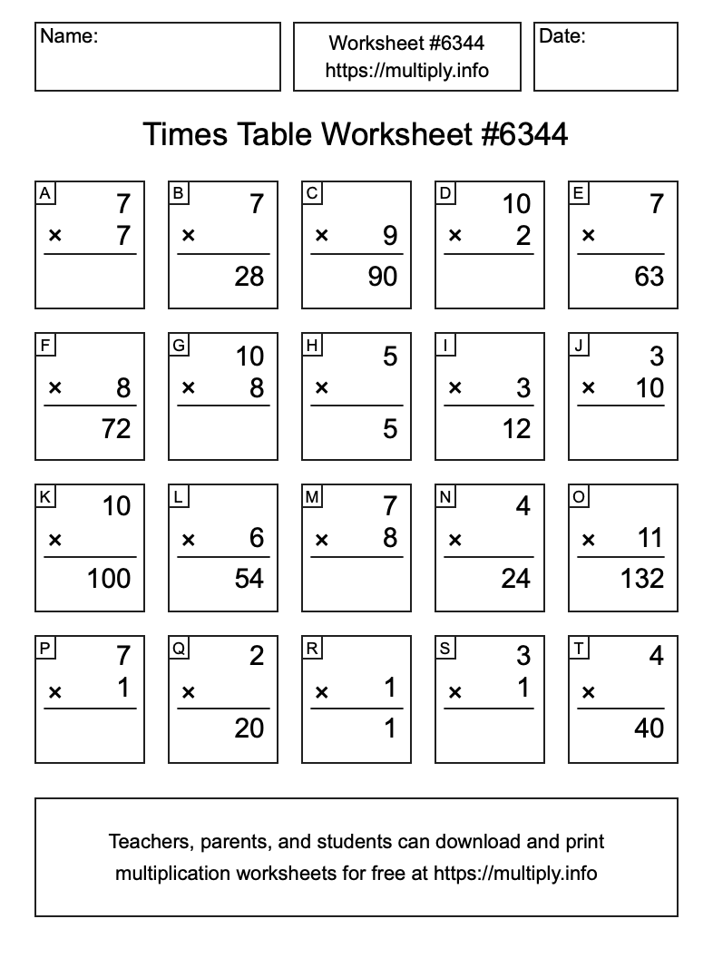 Times Table Worksheet #6344