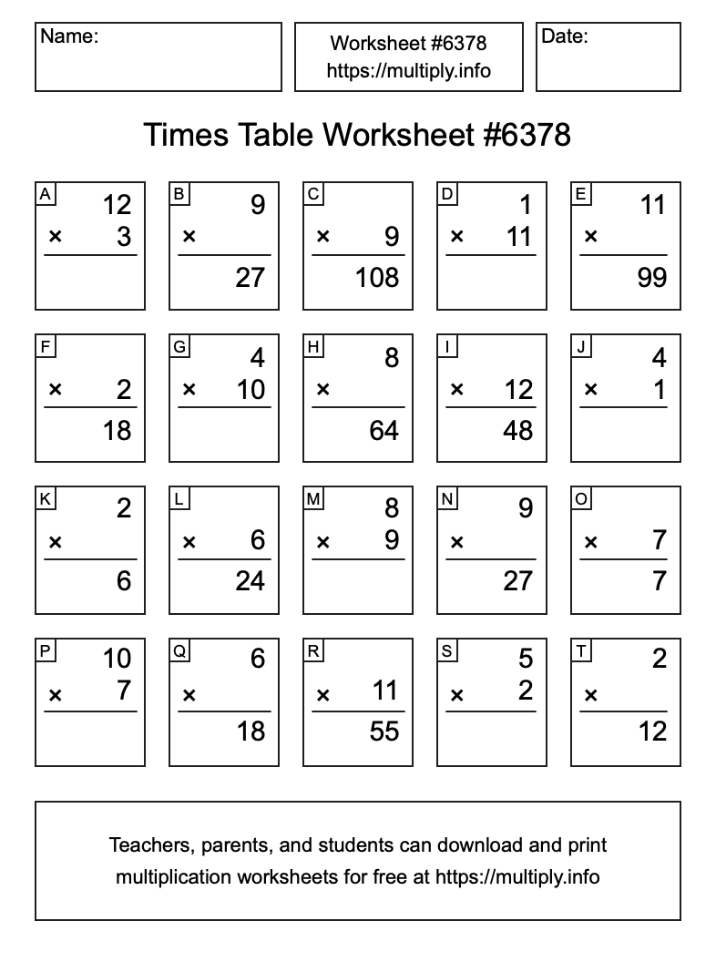 Times Table Worksheet #6378