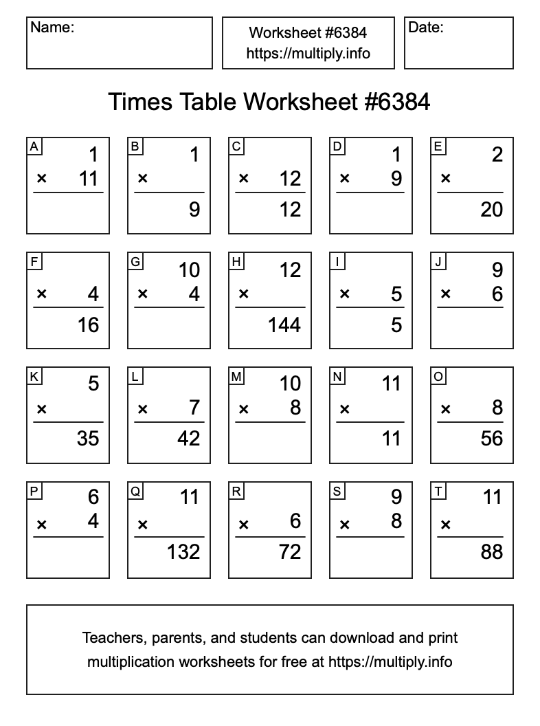 Times Table Worksheet #6384