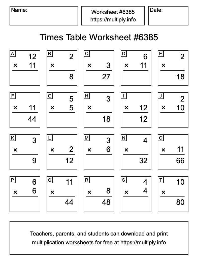 Times Table Worksheet #6385
