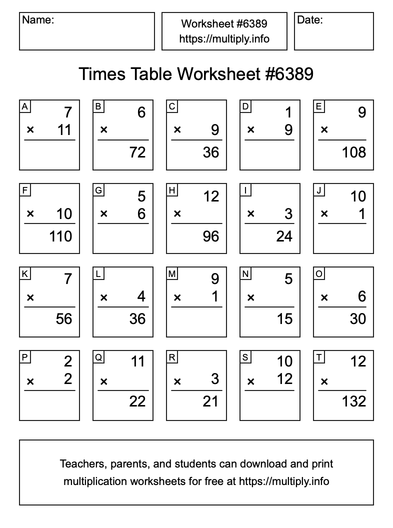 Times Table Worksheet #6389