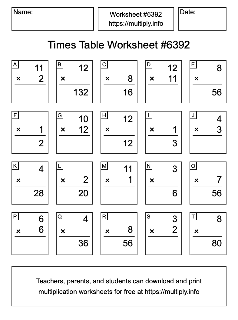 Times Table Worksheet #6392