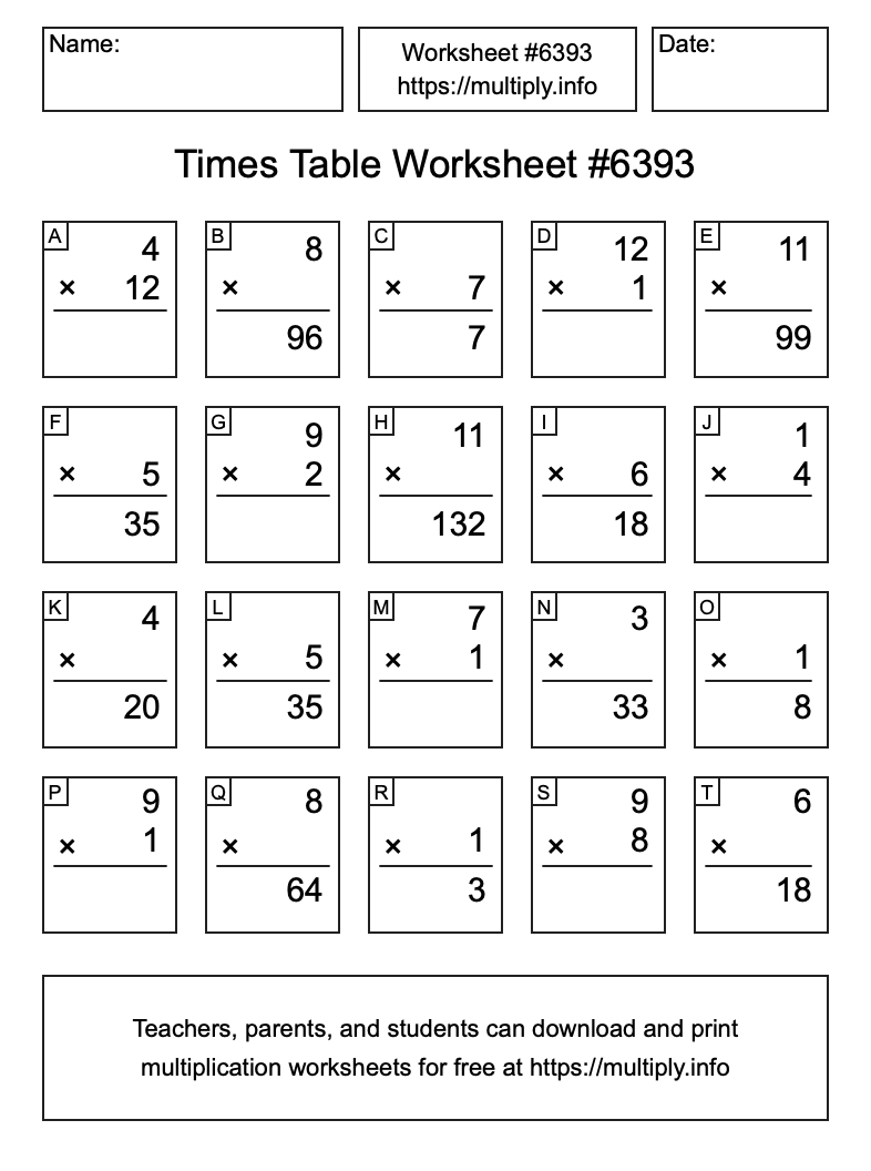 Times Table Worksheet #6393