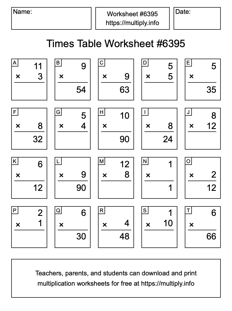 Times Table Worksheet #6395
