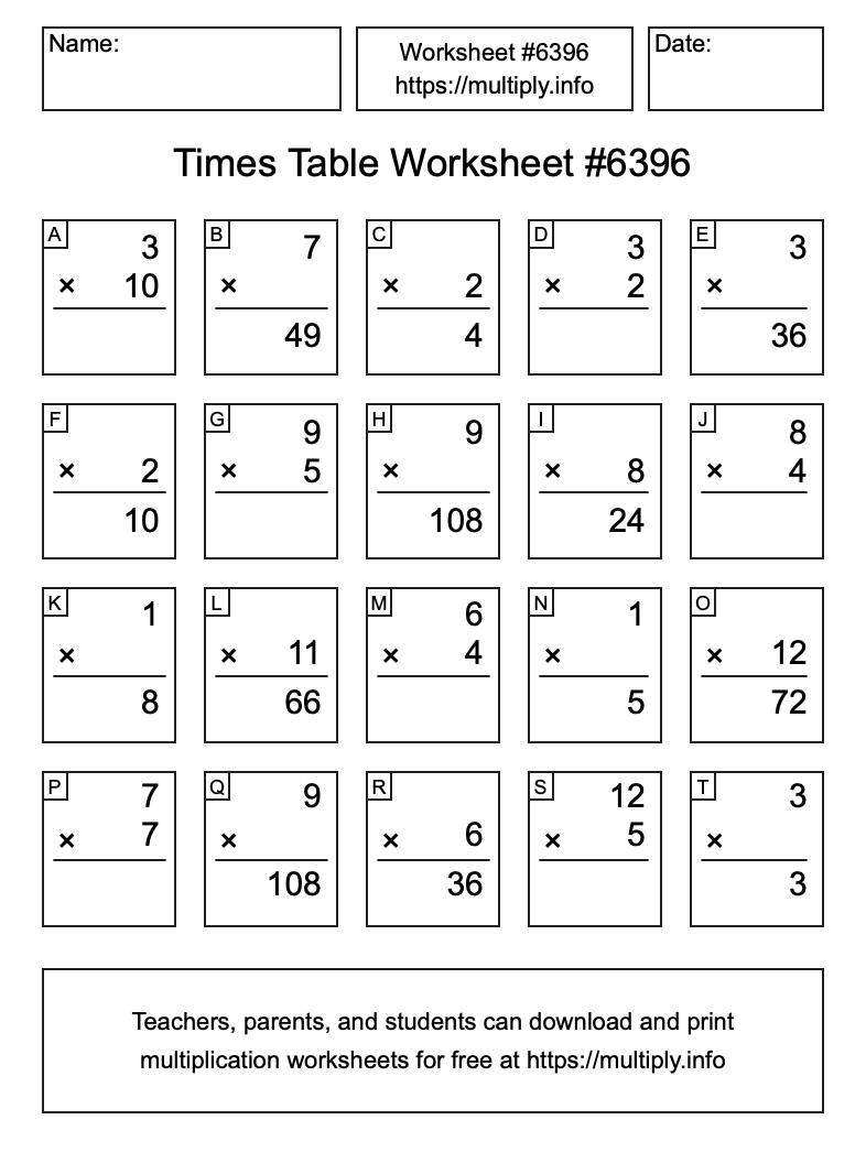 Times Table Worksheet #6396
