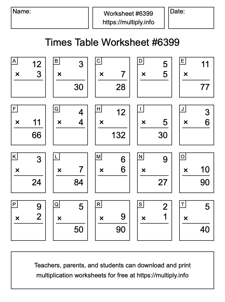 Times Table Worksheet #6399