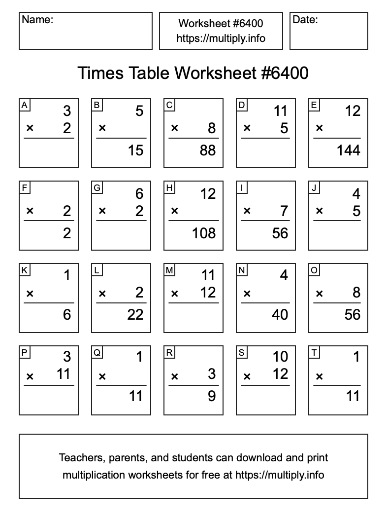 Times Table Worksheet #6400