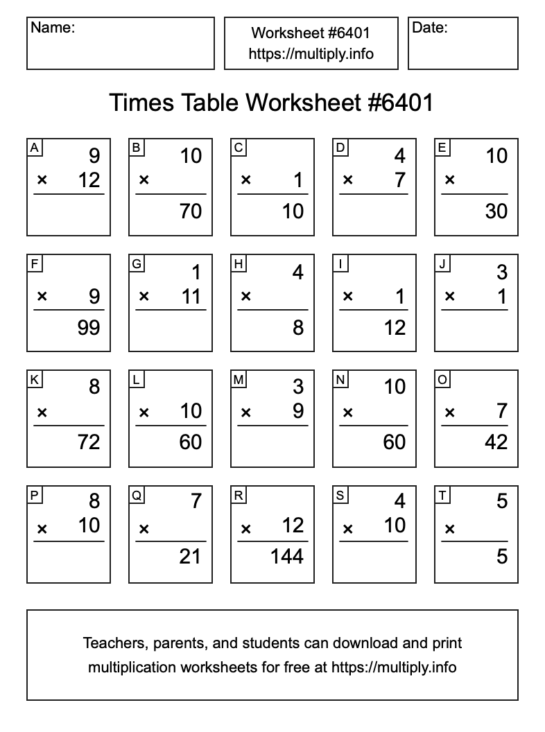 Times Table Worksheet #6401