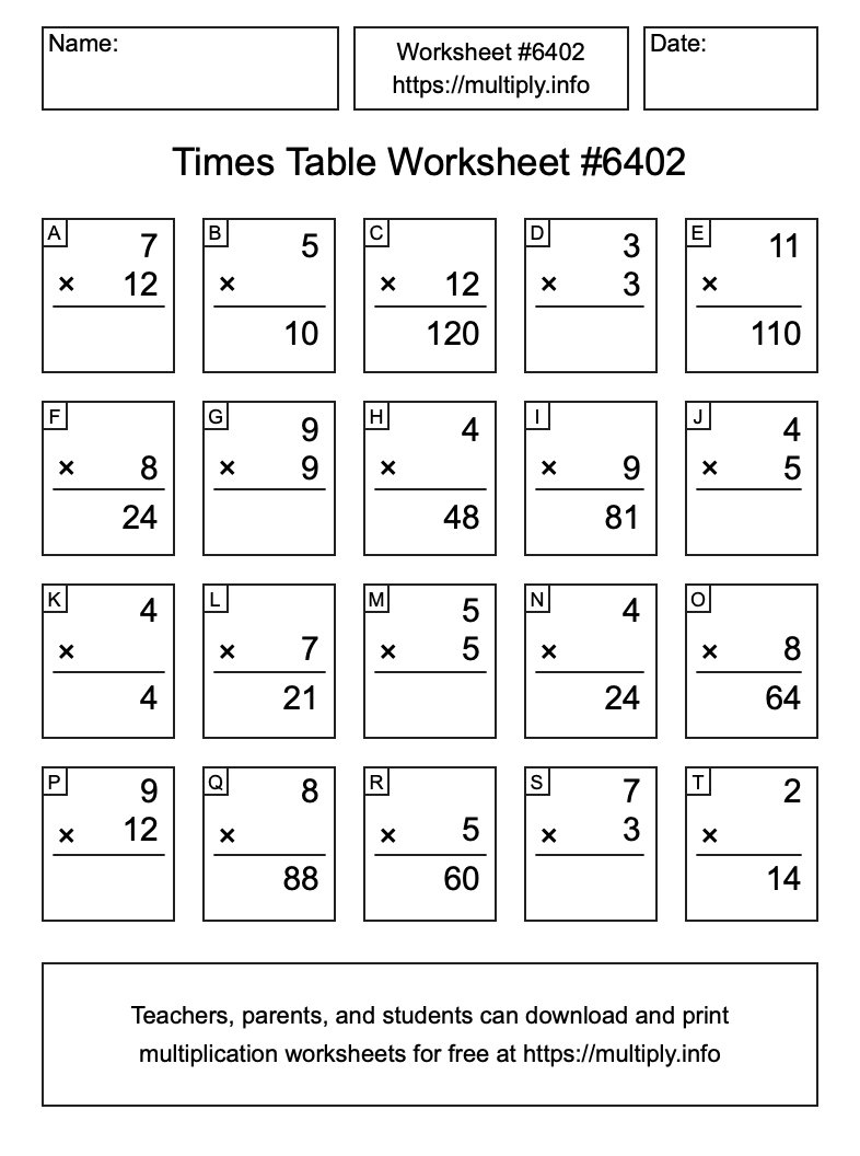 Times Table Worksheet #6402