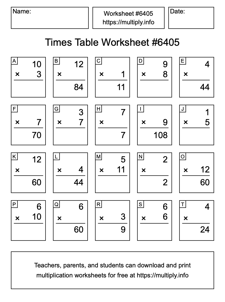 Times Table Worksheet #6405