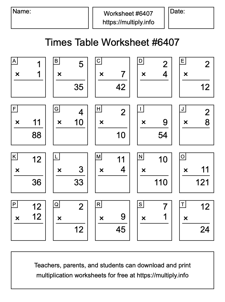 Times Table Worksheet #6407