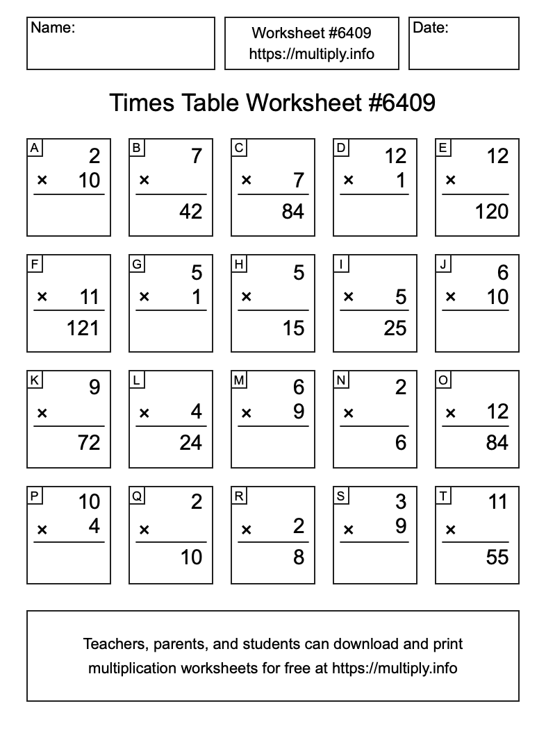 Times Table Worksheet #6409