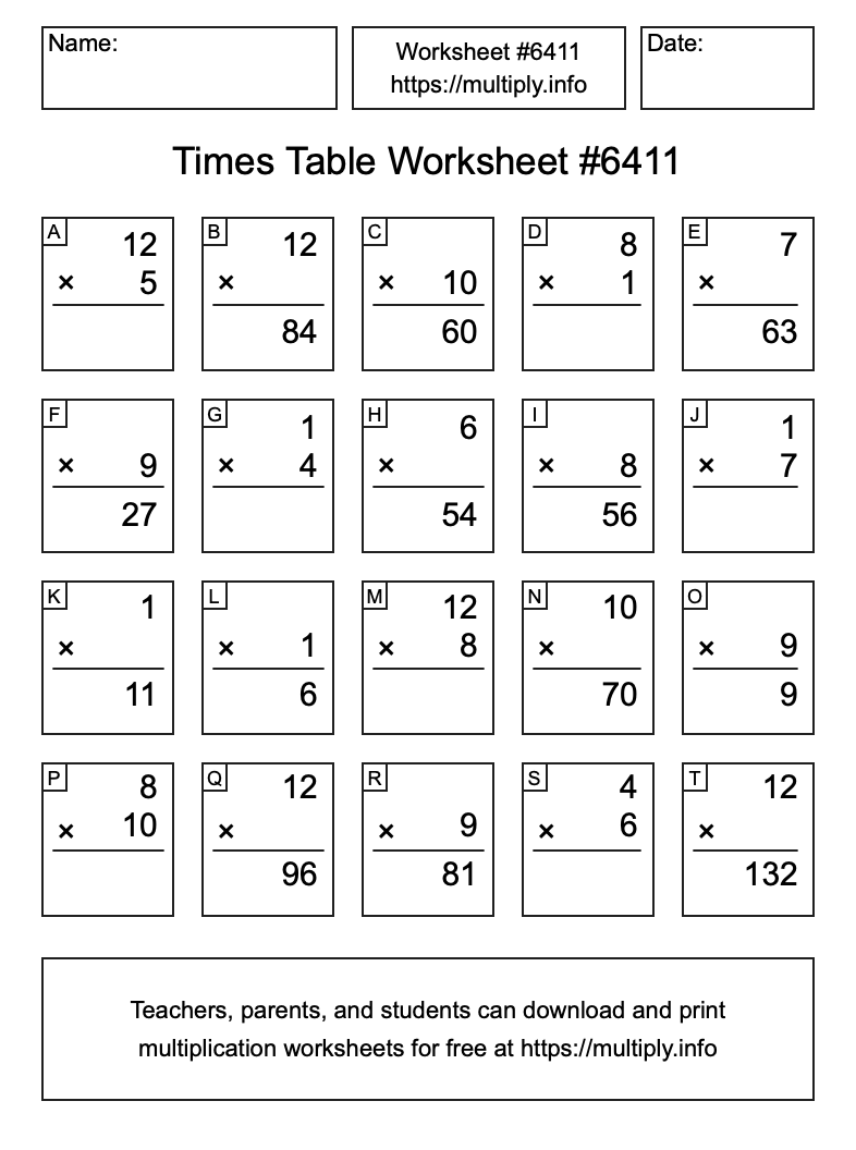Times Table Worksheet #6411