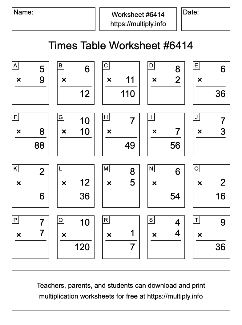 Times Table Worksheet #6414