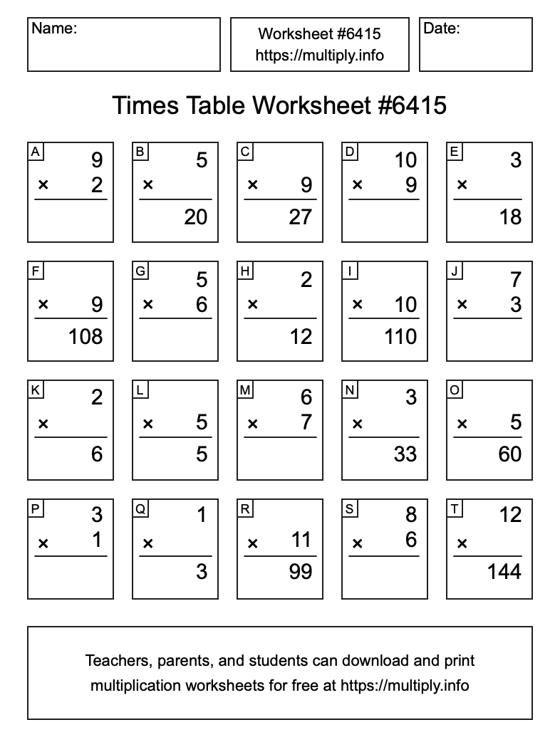Times Table Worksheet #6415