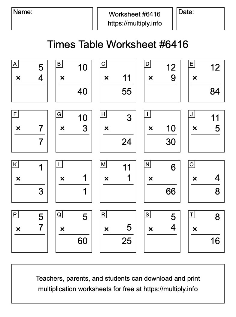 Times Table Worksheet #6416