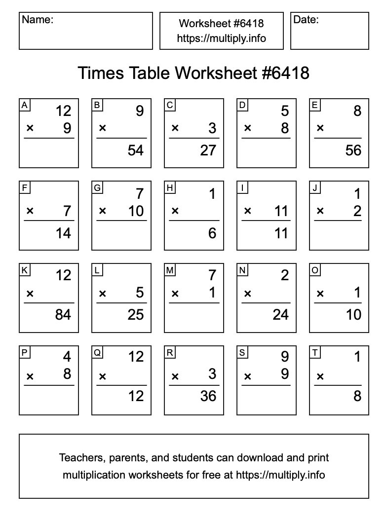Times Table Worksheet #6418