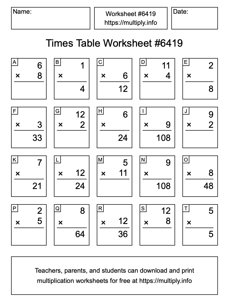 Times Table Worksheet #6419