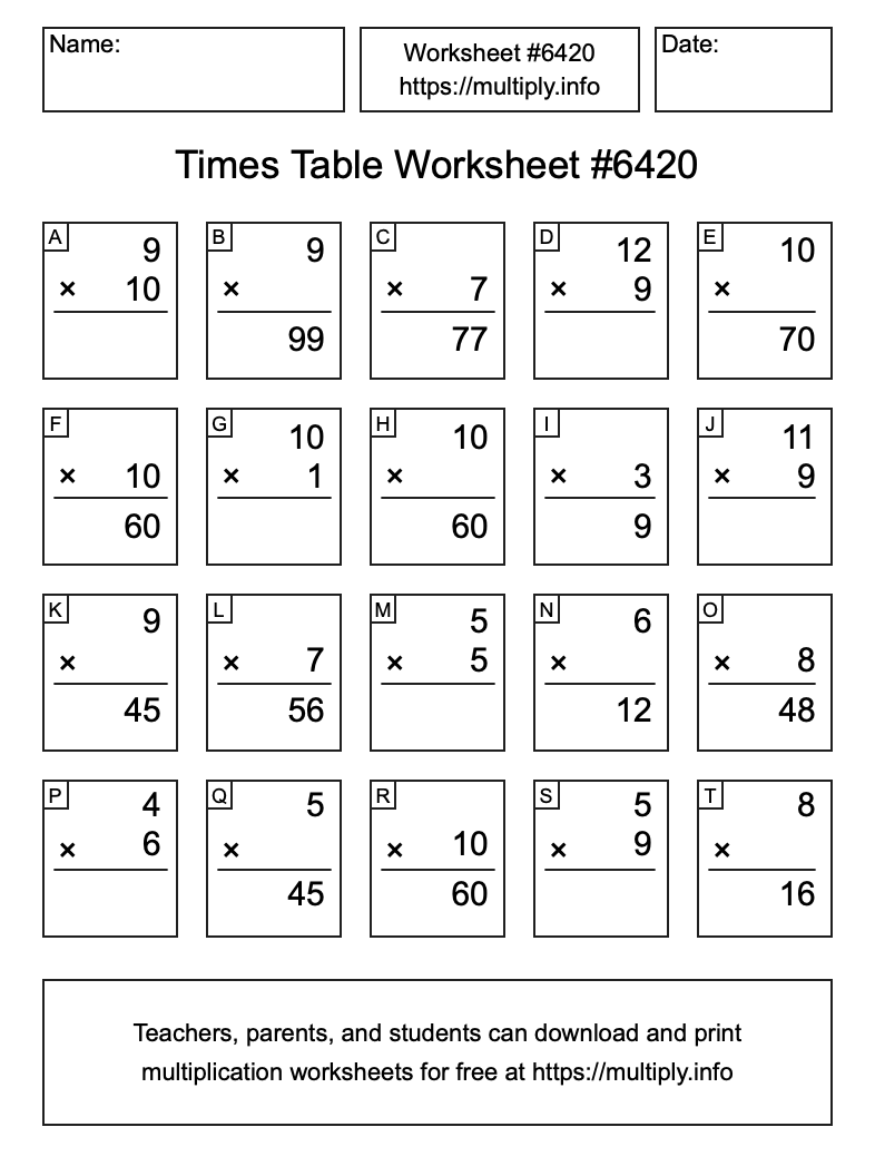Times Table Worksheet #6420