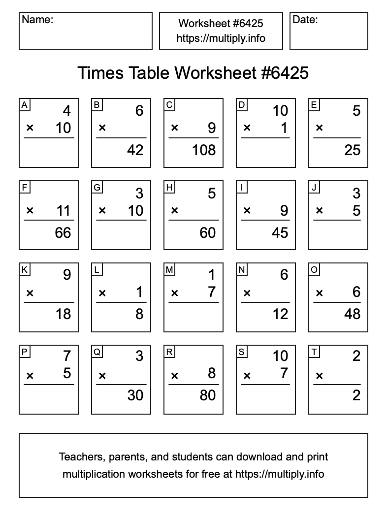 Times Table Worksheet #6425