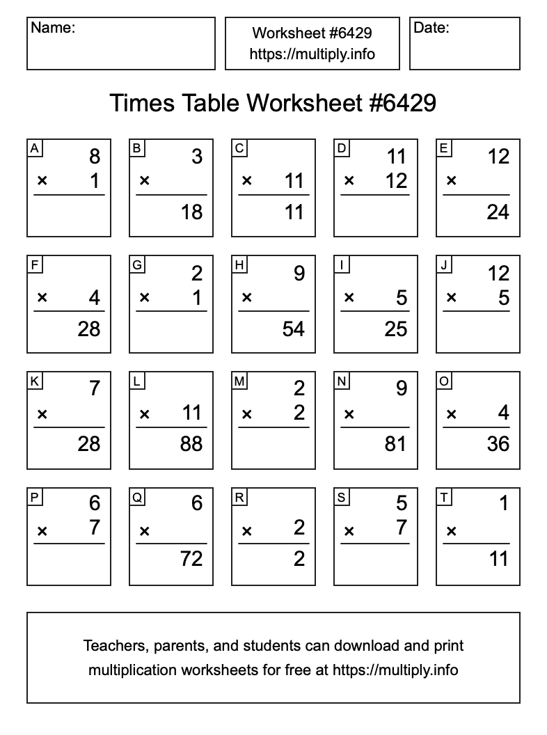 Times Table Worksheet #6429