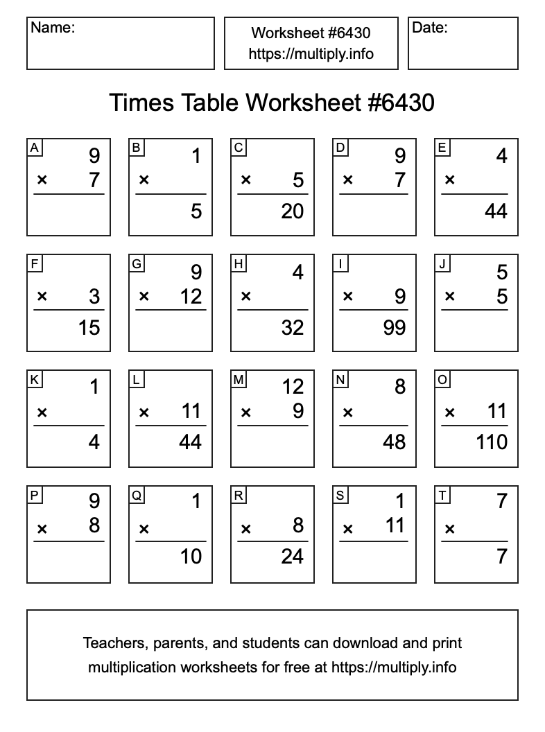 Times Table Worksheet #6430