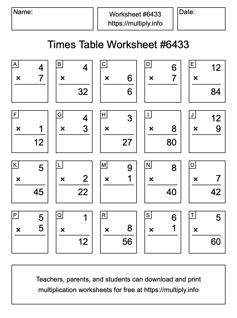 Times Table Worksheet #6433