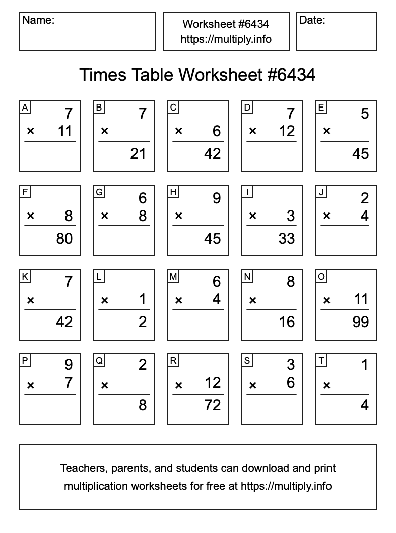 Times Table Worksheet #6434