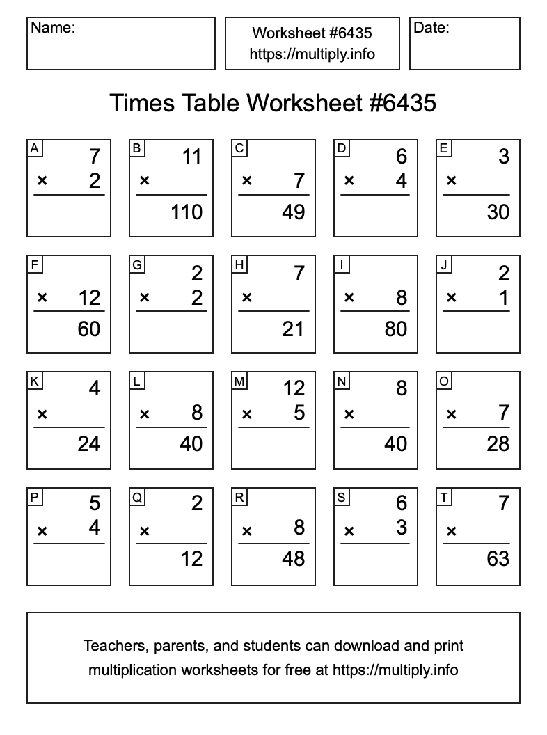 Times Table Worksheet #6435