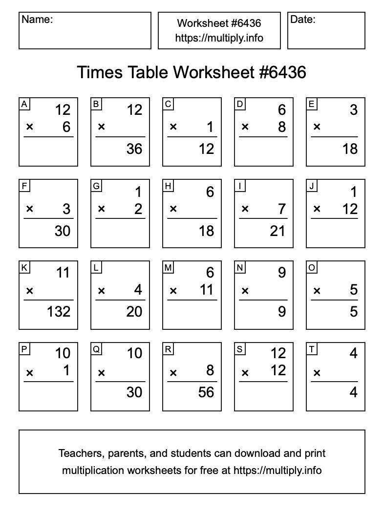 Times Table Worksheet #6436