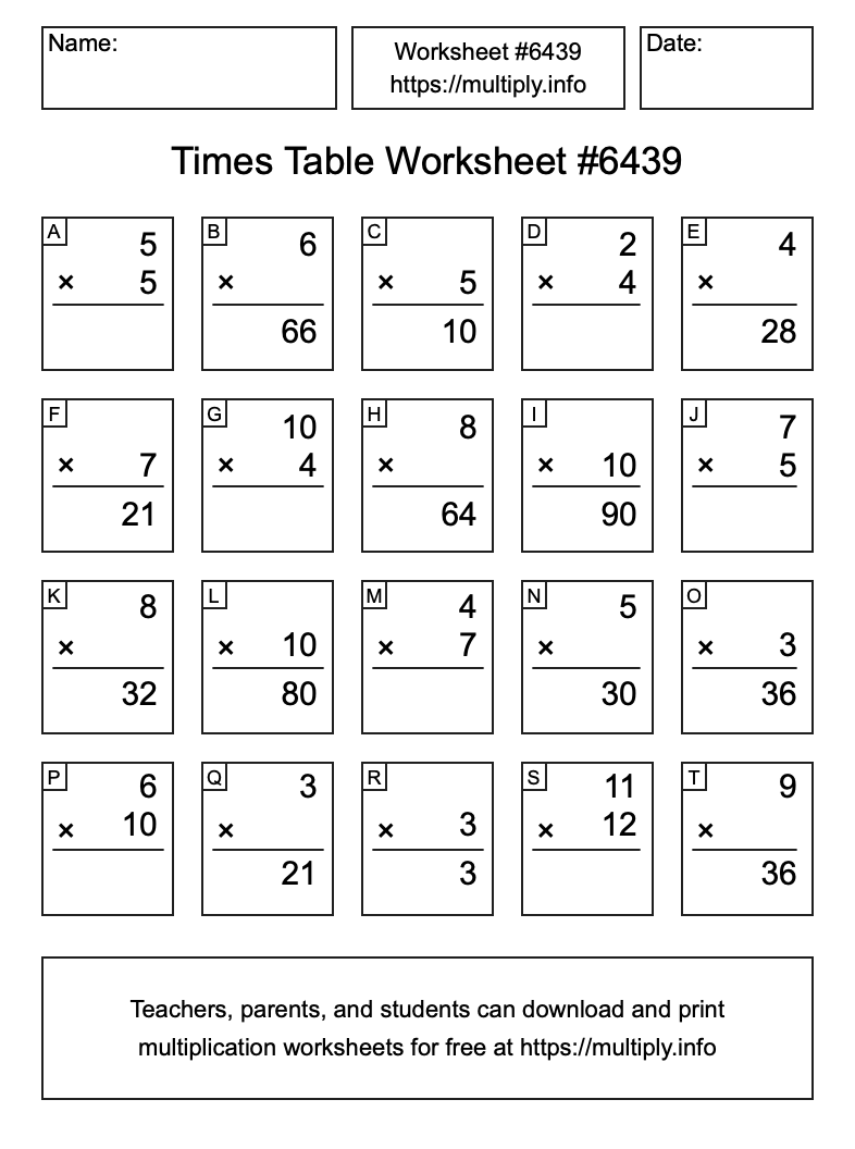 Times Table Worksheet #6439
