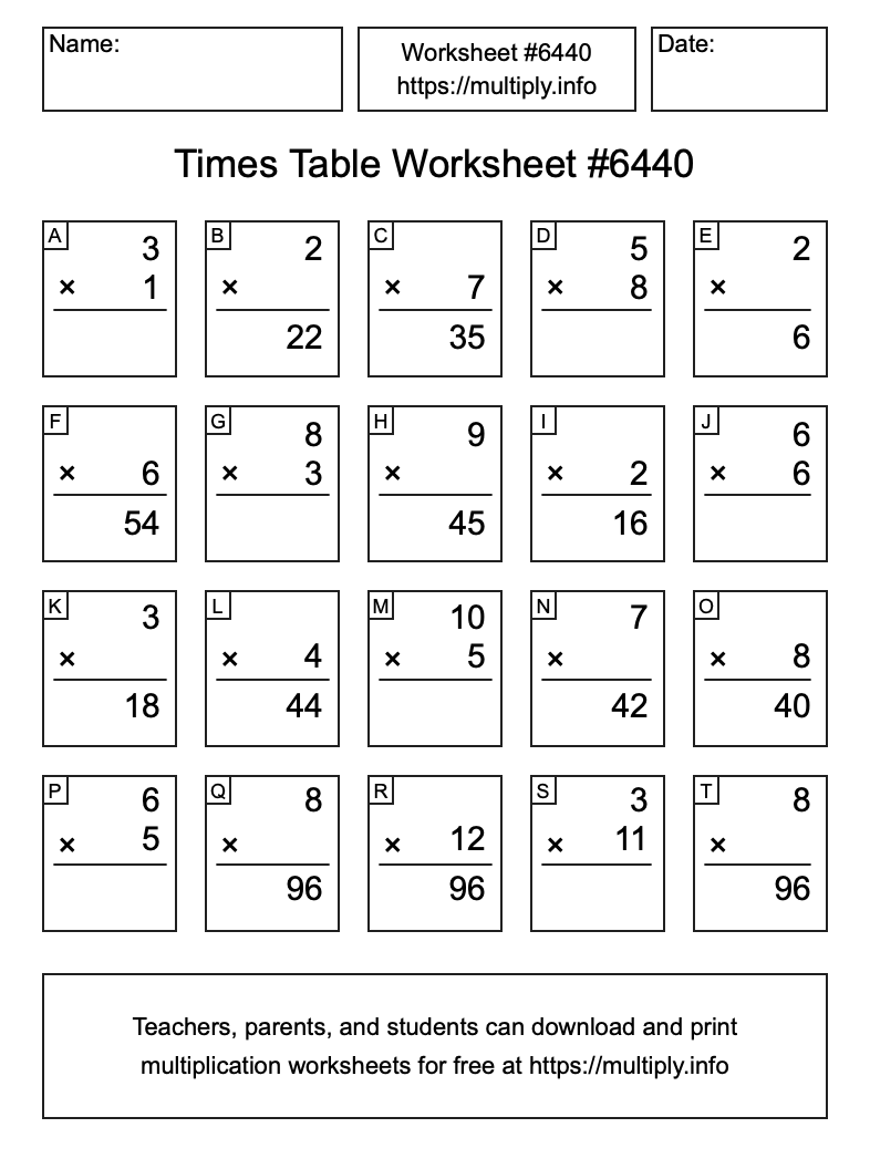 Times Table Worksheet #6440