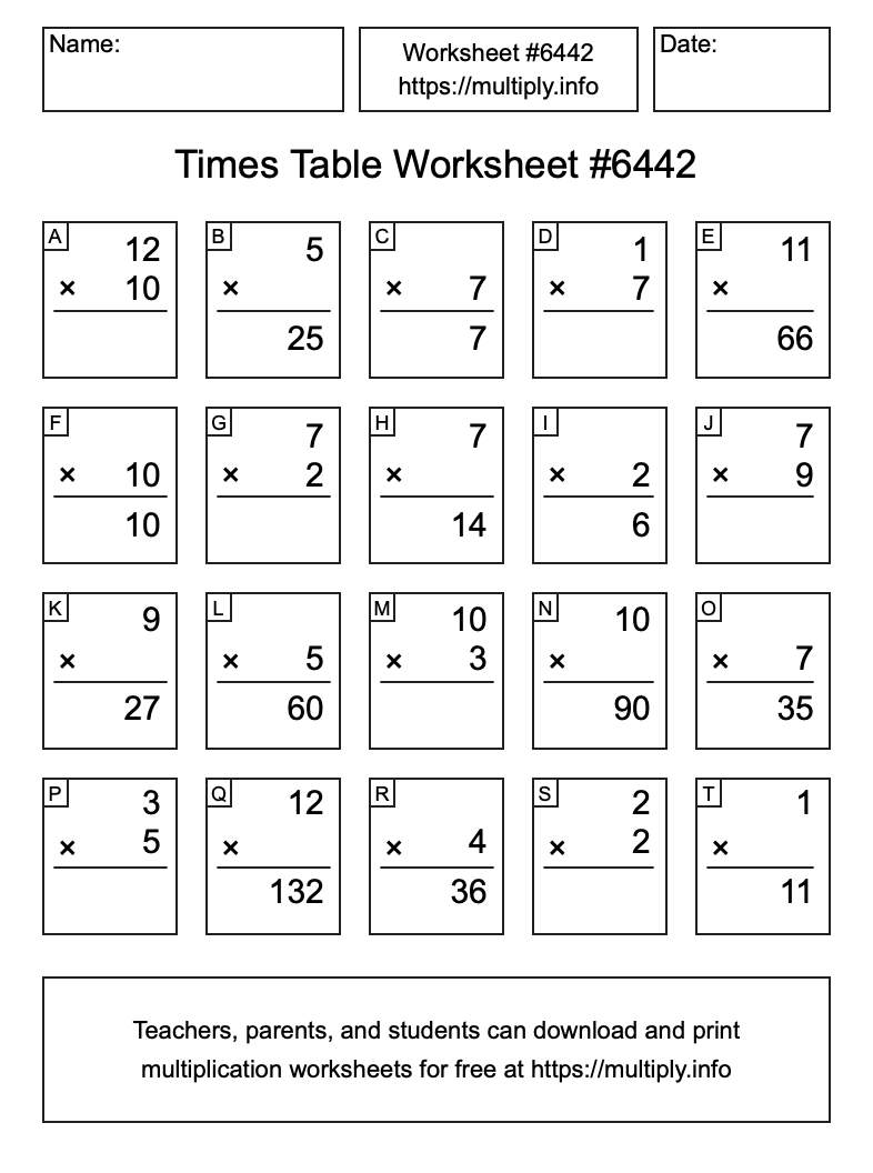 Times Table Worksheet #6442