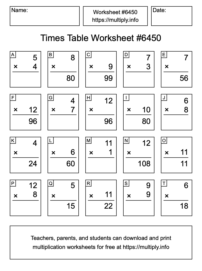 Times Table Worksheet #6450